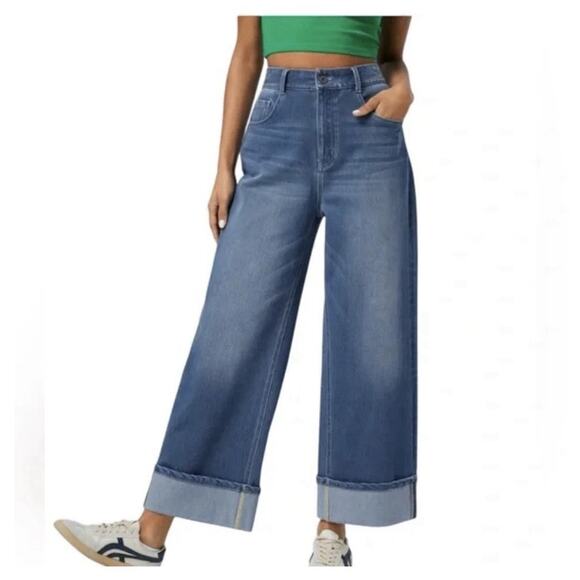 HALARA Denim - Halara Flex High Waisted Pockets Rolled Hem Wide Leg Boho Blue Spruce Size L